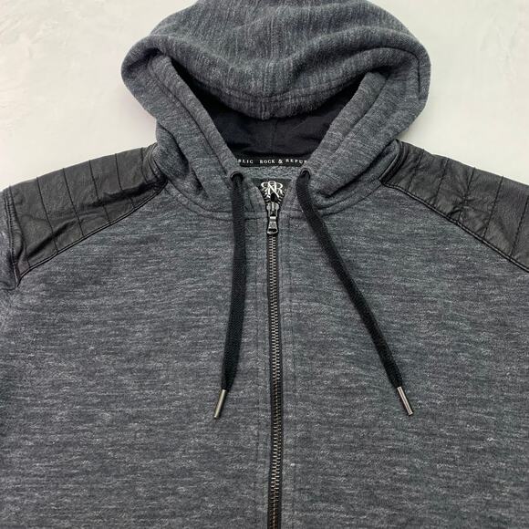 Rock & Republic Mens XL Gray Black Moto Sleeve Sweatshirt Hoodie Full Zip Jacket - Picture 4 of 8
